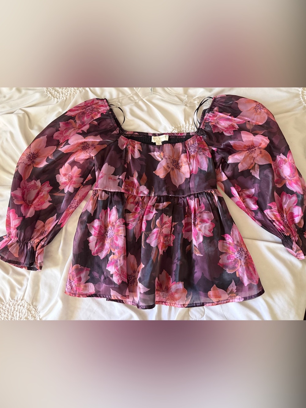 Sheer Pink Floral Puff-Sleeve Peplum Blouse